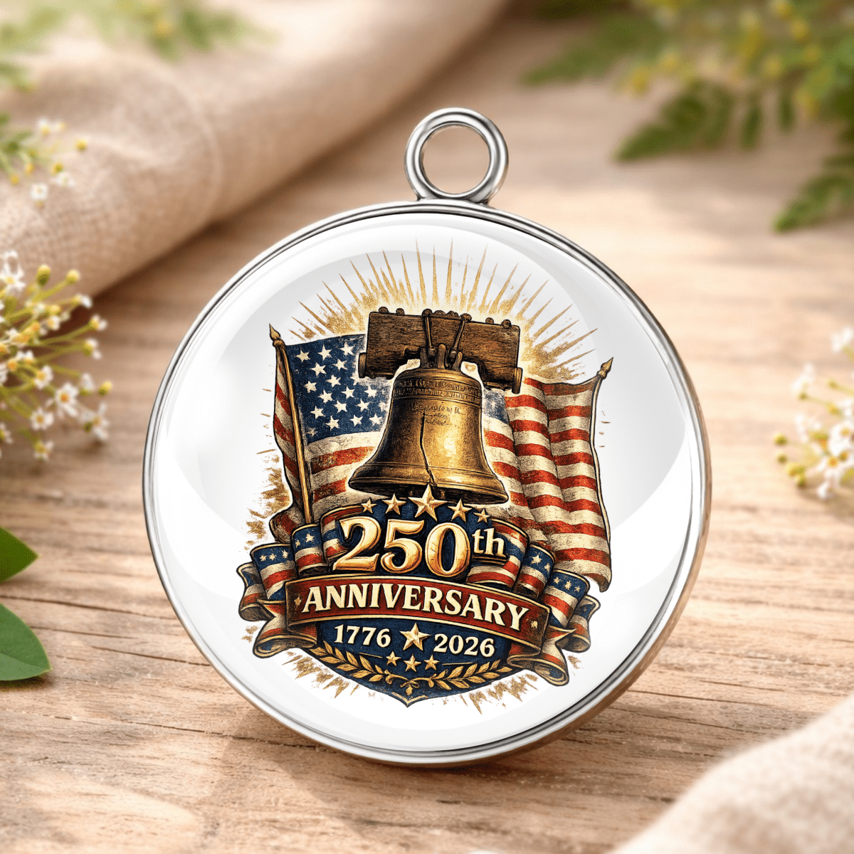 Medal commemorating the 250th anniversary of a significant event, featuring a bell and American flag on a wooden surface.