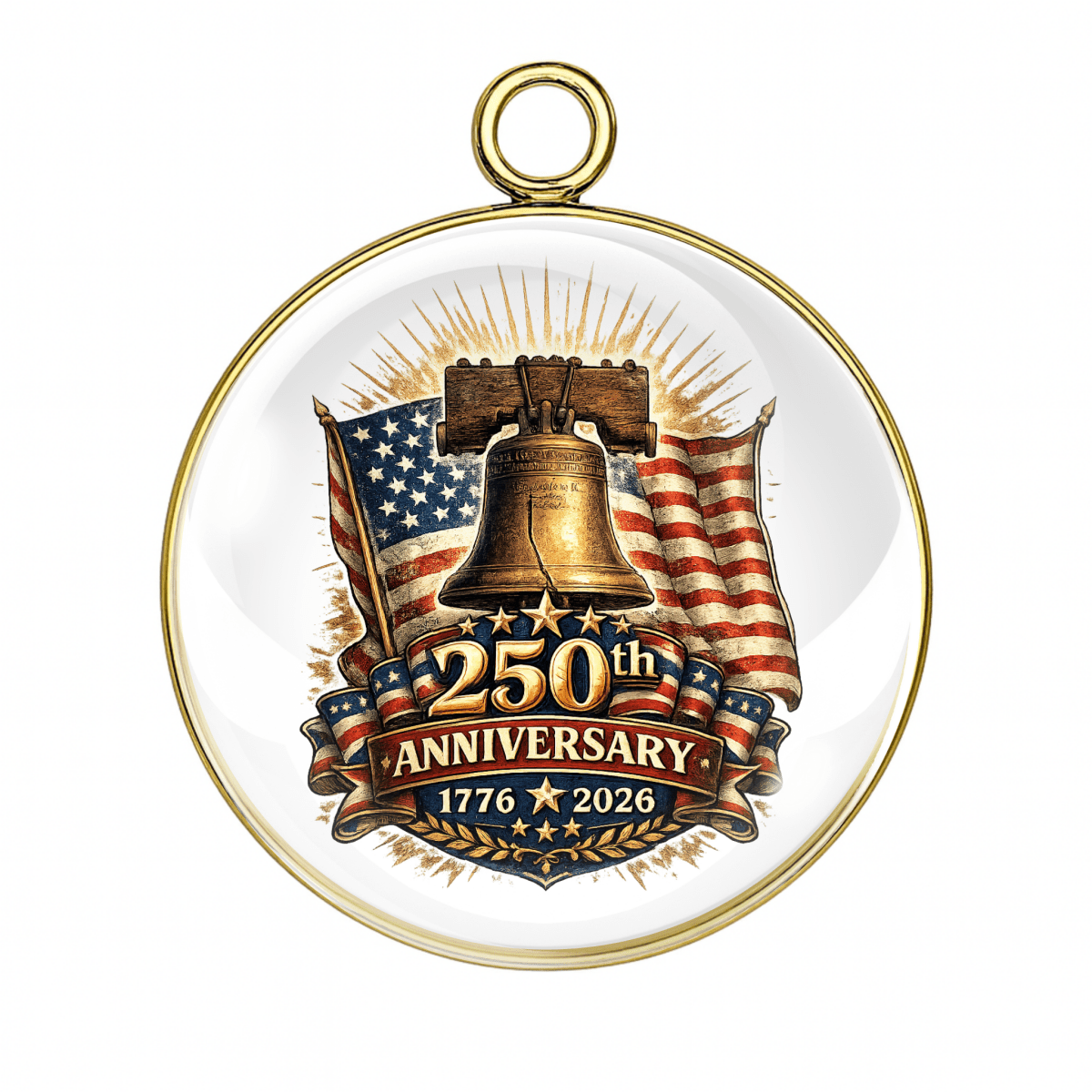 Pendant with American flag, liberty bell, and '250th Anniversary 1776-2026' text on a white background
