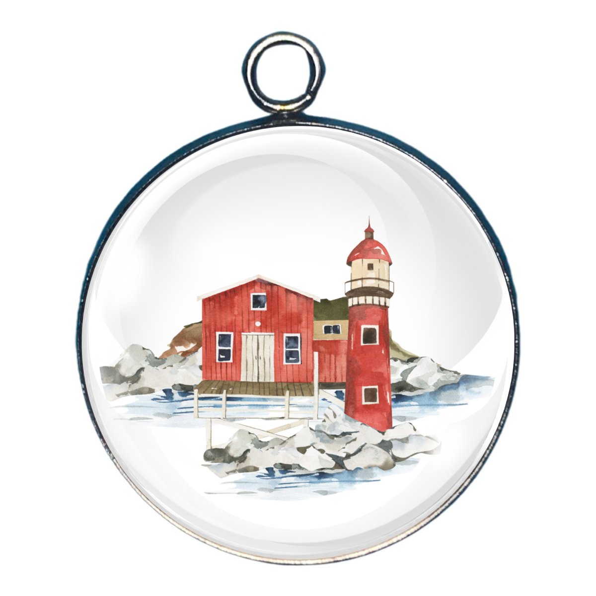 charm depicting a lighthouse and a large home on the shore