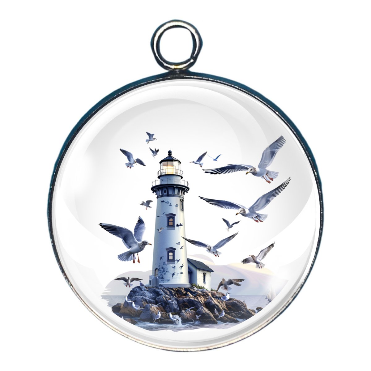 charm depicting a lighthouse on the shore with gulls around it