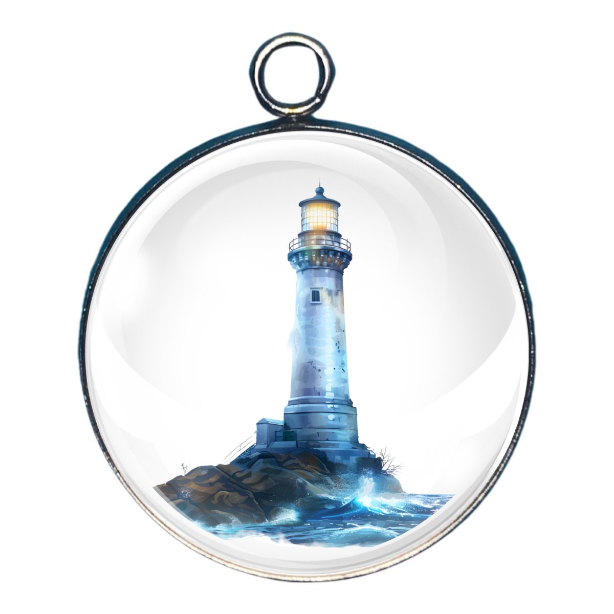 charm depicting a lighthouse on the shore with waves crashing on the rocks