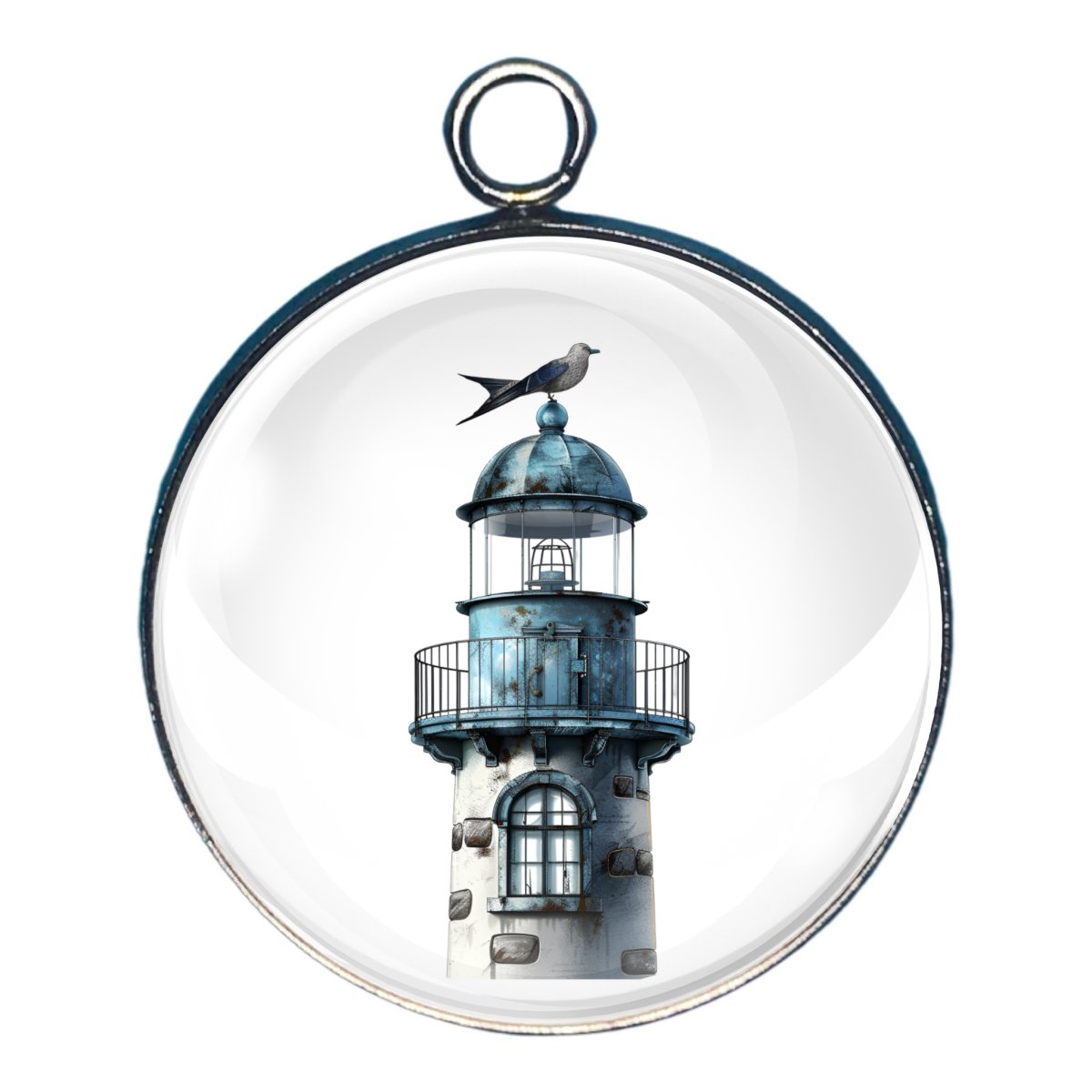 charm depicting the top of a light house with a gull on it