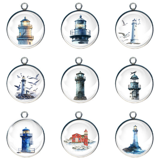 Group of 9 charms with graphics of lighthouses