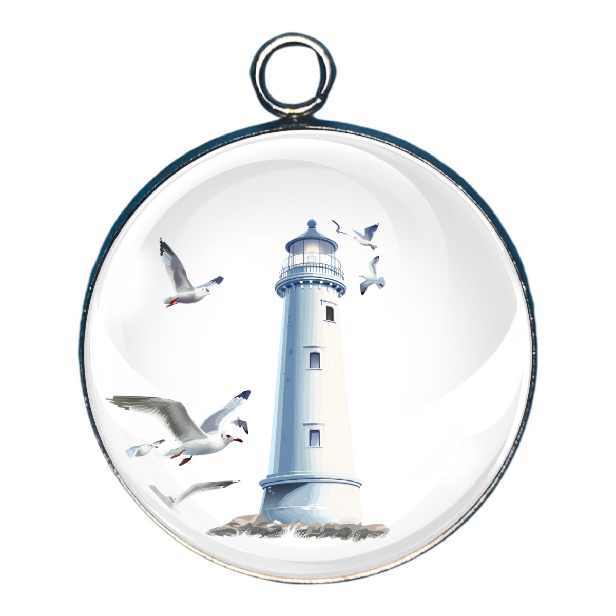 charm depicting a lighthouse with gulls flying near it