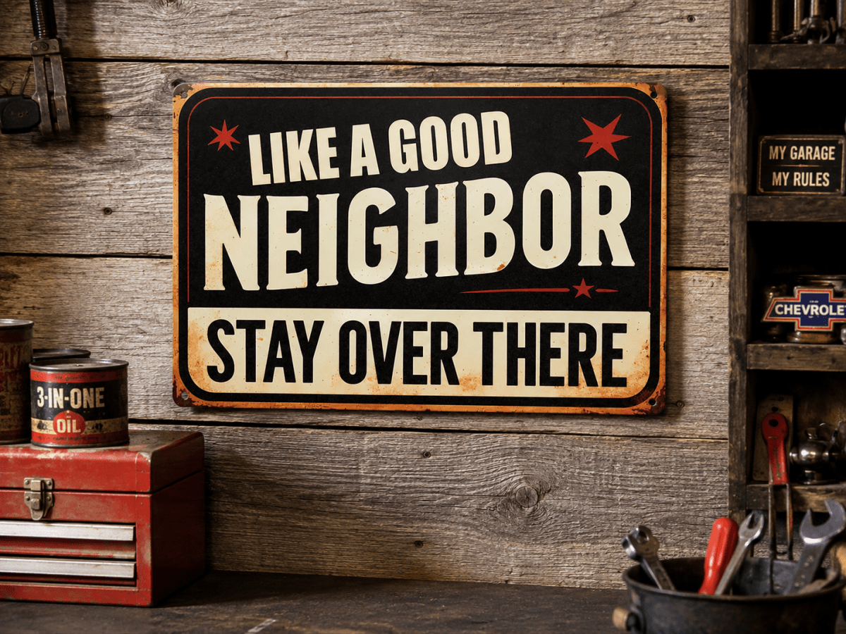 Like A Good Neighbor Stay Over There Funny Metal Sign 12"x8"