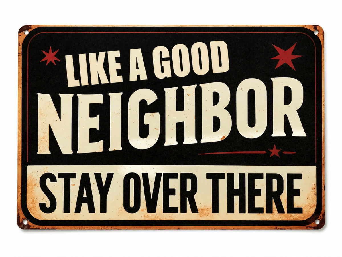 Like A Good Neighbor Stay Over There Funny Metal Sign 12"x8"