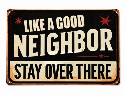 Like A Good Neighbor Stay Over There Funny Metal Sign 12"x8"