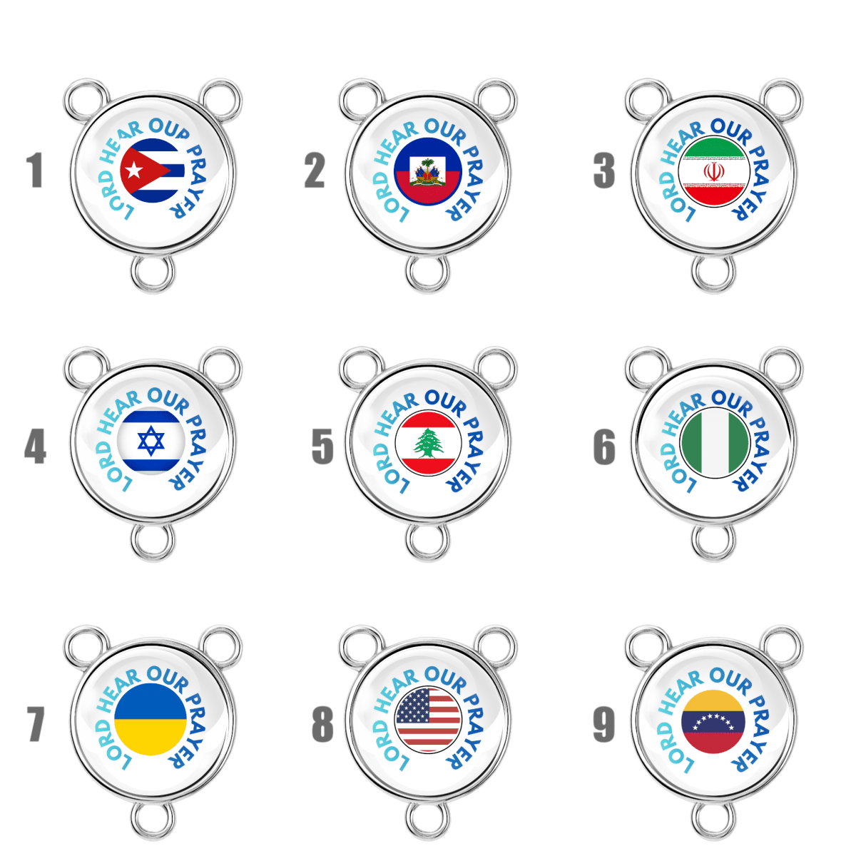 “Lord Hear Our Prayer” country flag rosary center charms displayed as a collection