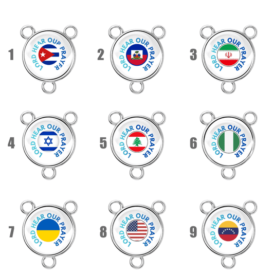 “Lord Hear Our Prayer” country flag rosary center charms displayed as a collection