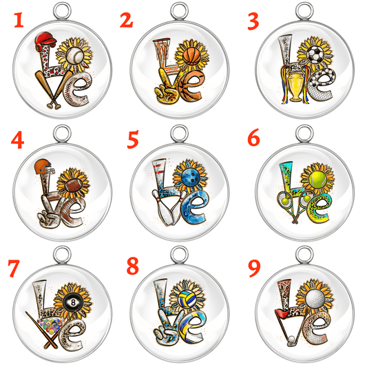 Set of 9 handmade LOVE sports charms with sunflower design and different sports themes including baseball, basketball, football, bowling, soccer, tennis, billiards, volleyball, and golf – glass cabochon pendants in stainless steel settings.