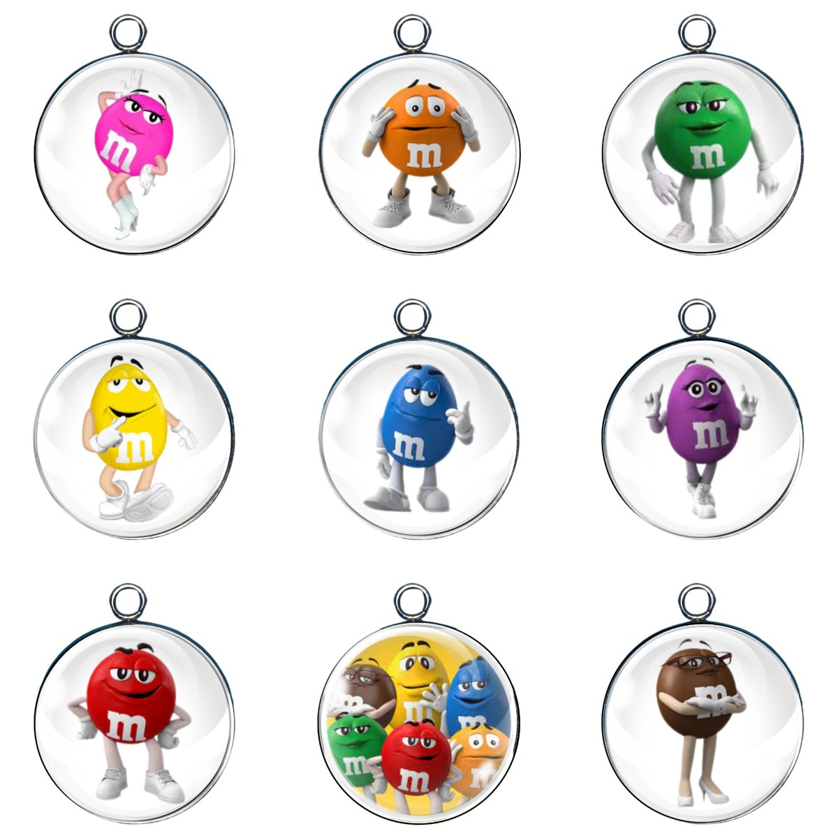 9 M & M glass cabochon charms