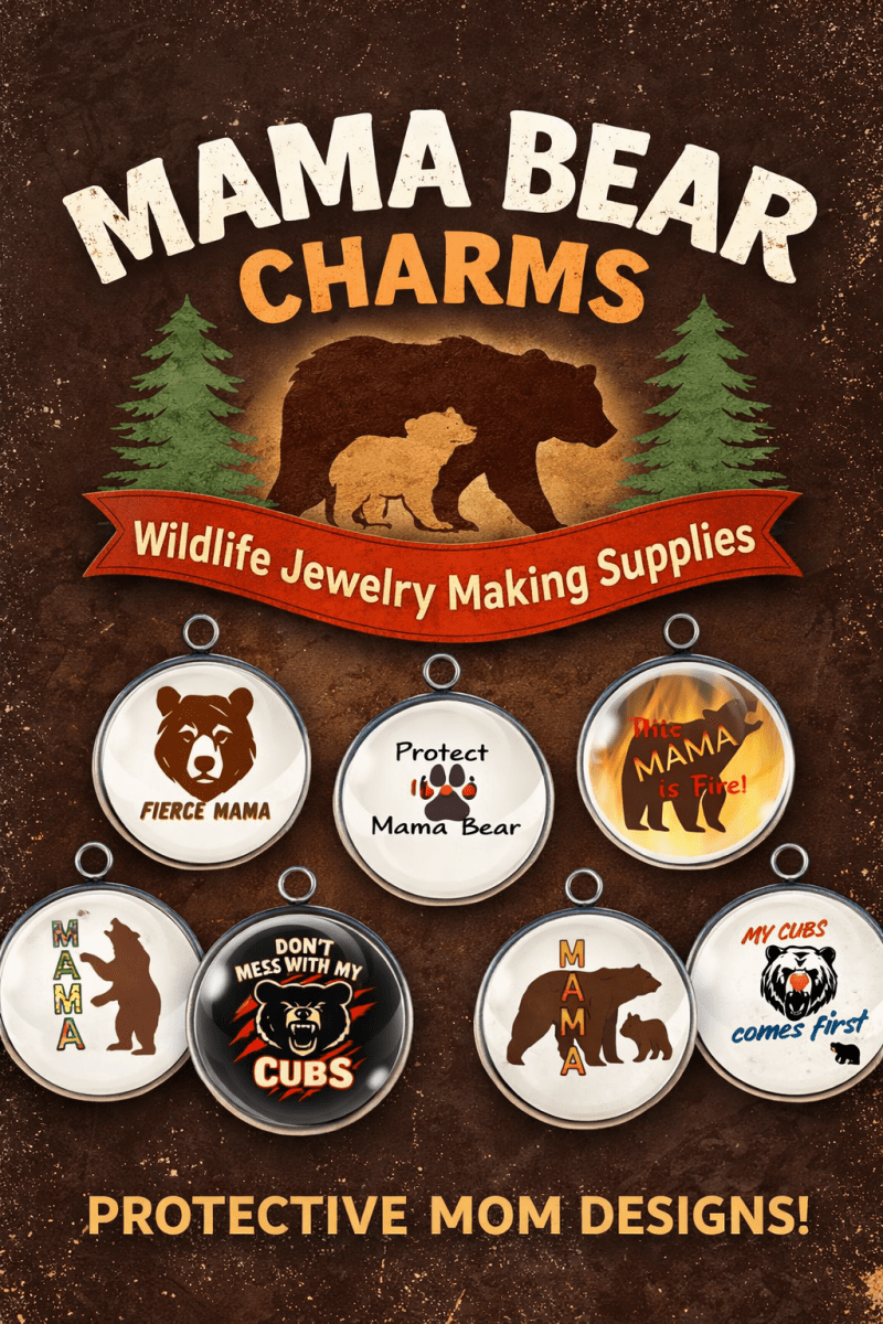 Mama Bear Charms wildlife jewelry making supplies with bear-themed products on a brown background.