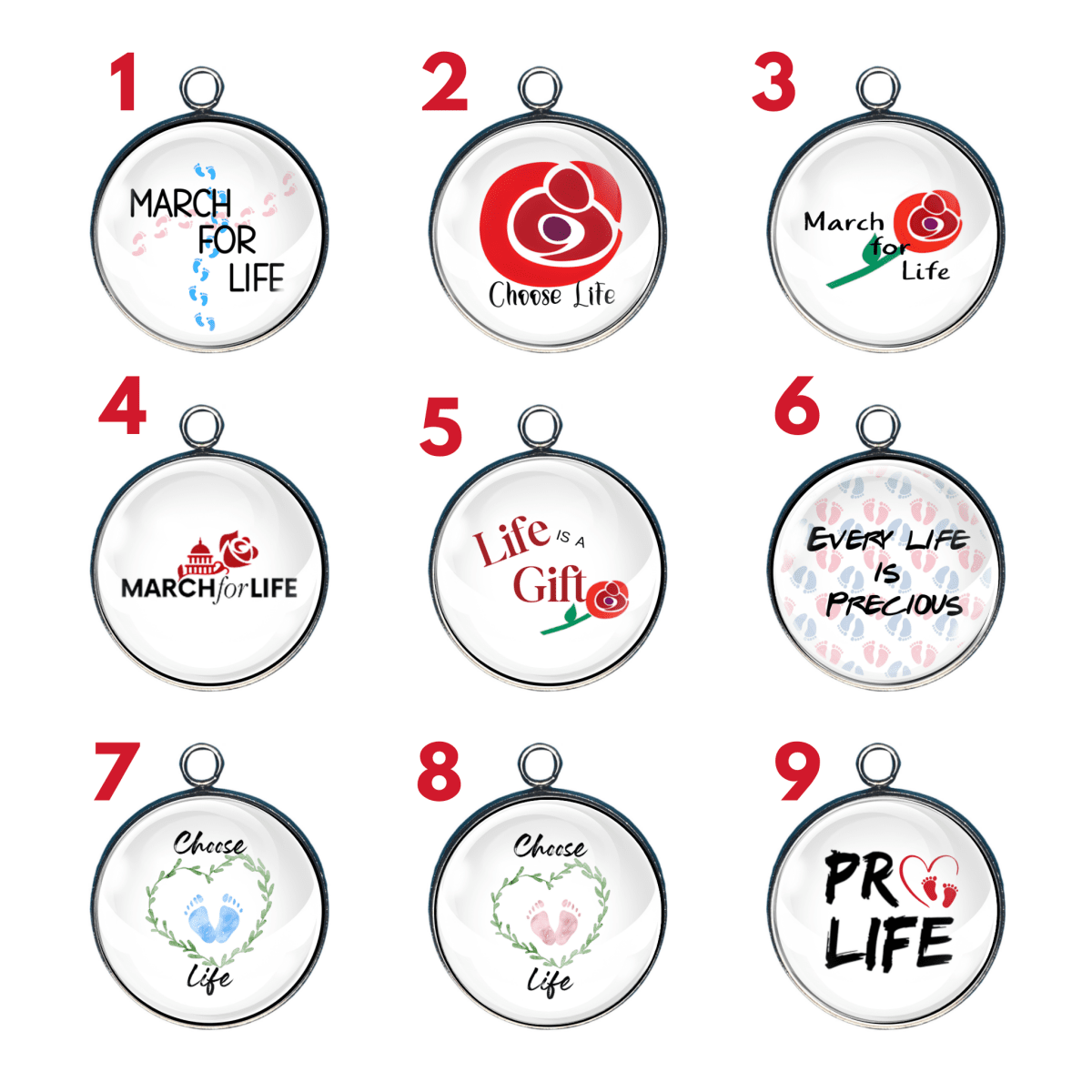 Pro-Life message charms showing March for Life, Choose Life, and Every Life Is Precious designs for rosary and jewelry making