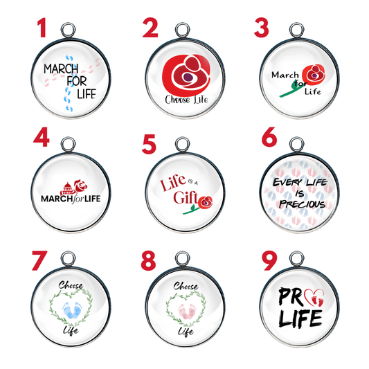 Pro-Life message charms showing March for Life, Choose Life, and Every Life Is Precious designs for rosary and jewelry making
