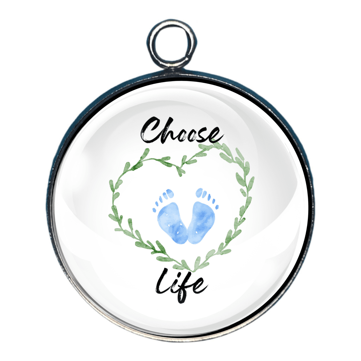 Choose Life charm with blue baby footprints