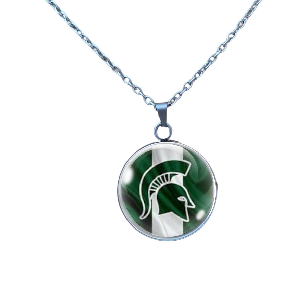 Stainless steel necklace with a 25mm Michigan state spartans glass cabochon pendant