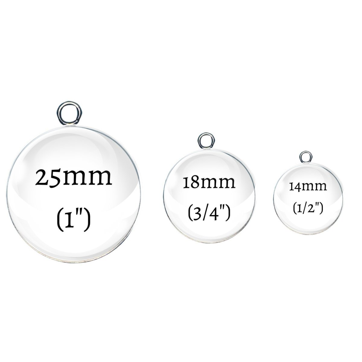 glass cabochon size chart. 25mm, 18mm,  14mm