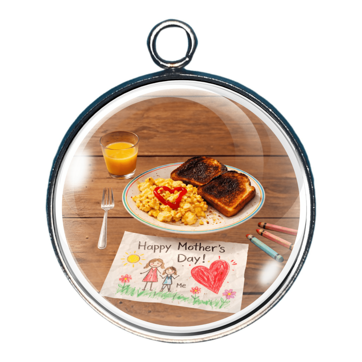 Mother’s Day charm of breakfast tray and child’s drawing made for mom