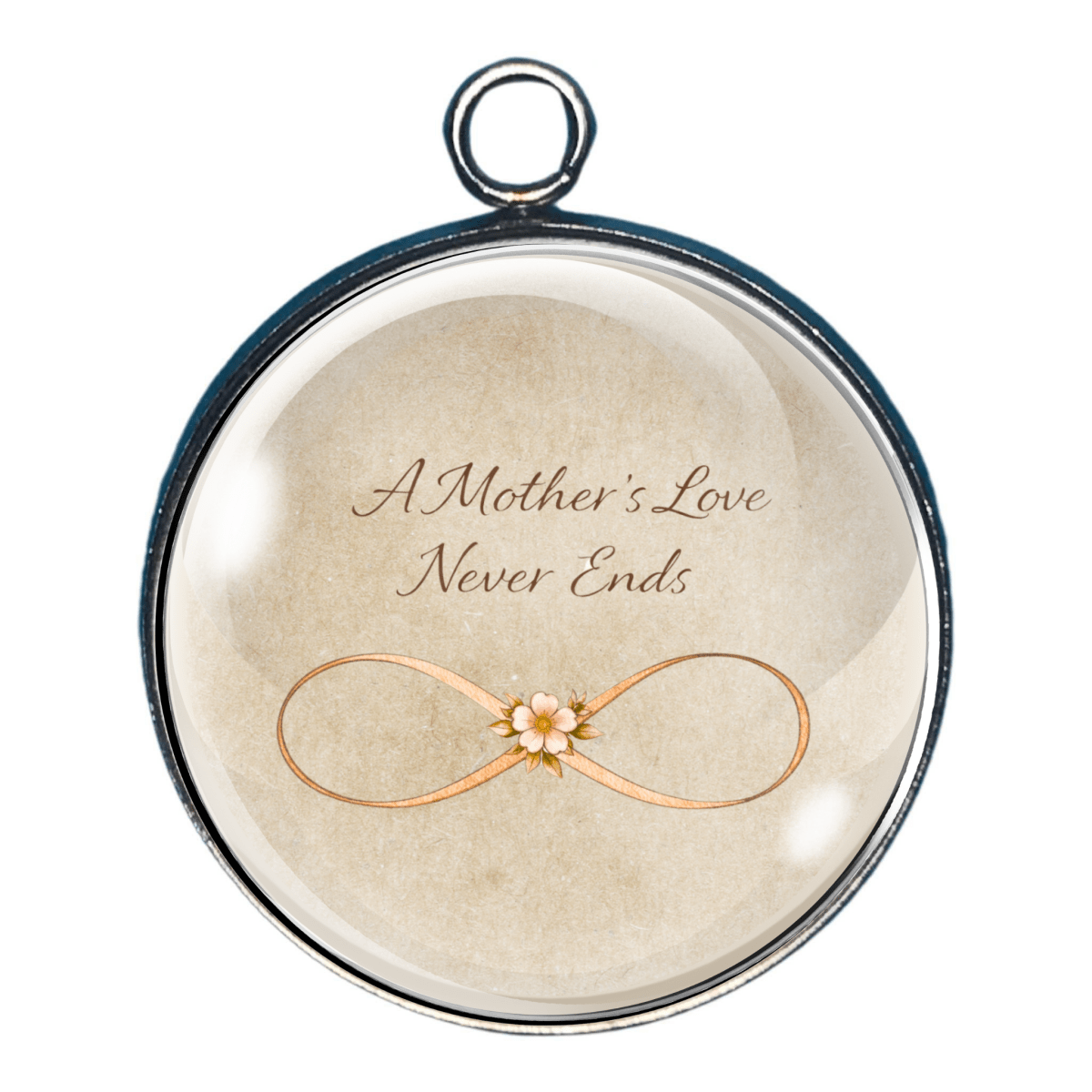 Mother’s Day charm of infinity symbol with A Mother’s Love Never Ends message