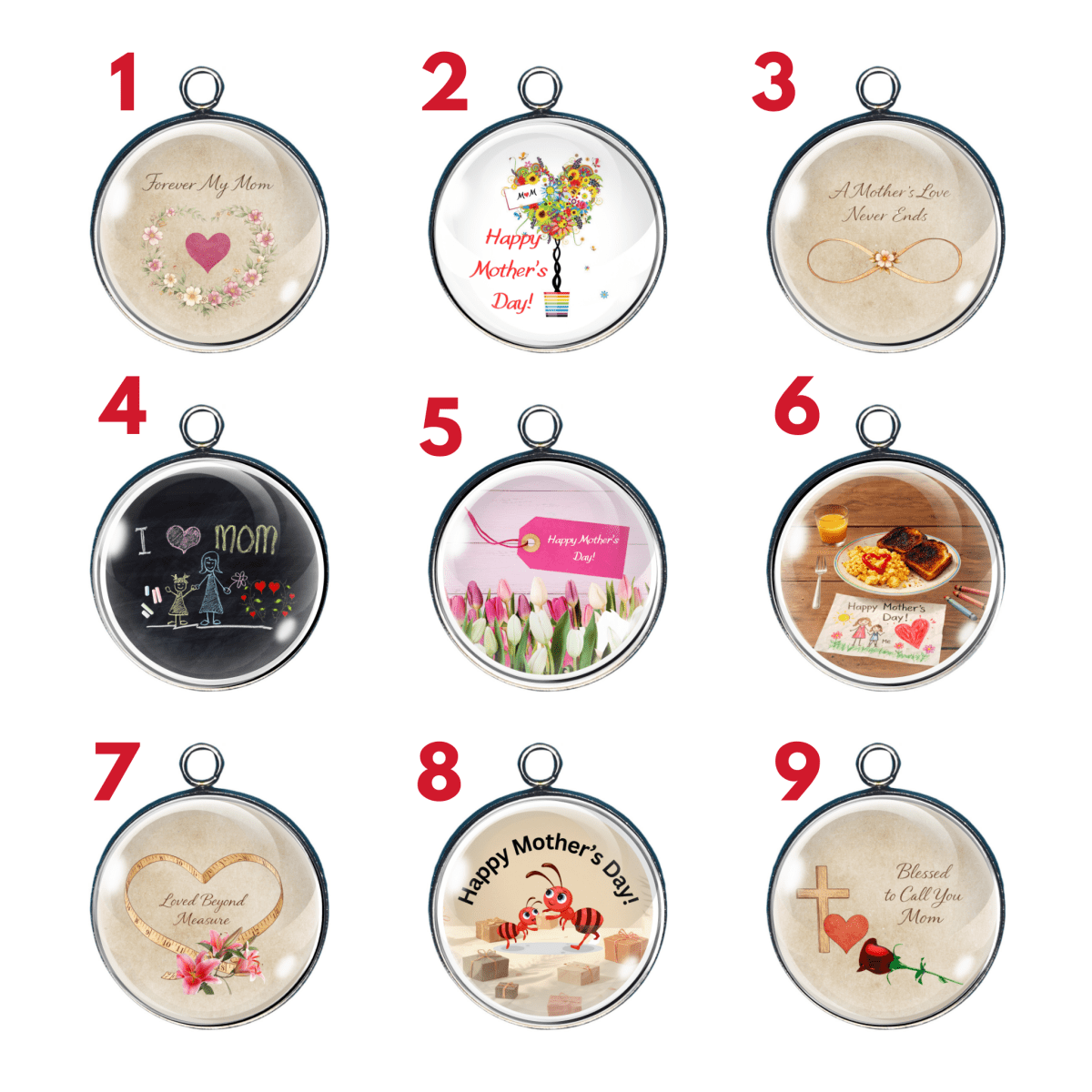 Mother’s Day glass cabochon charm collection featuring floral, sentimental, and mom-themed designs