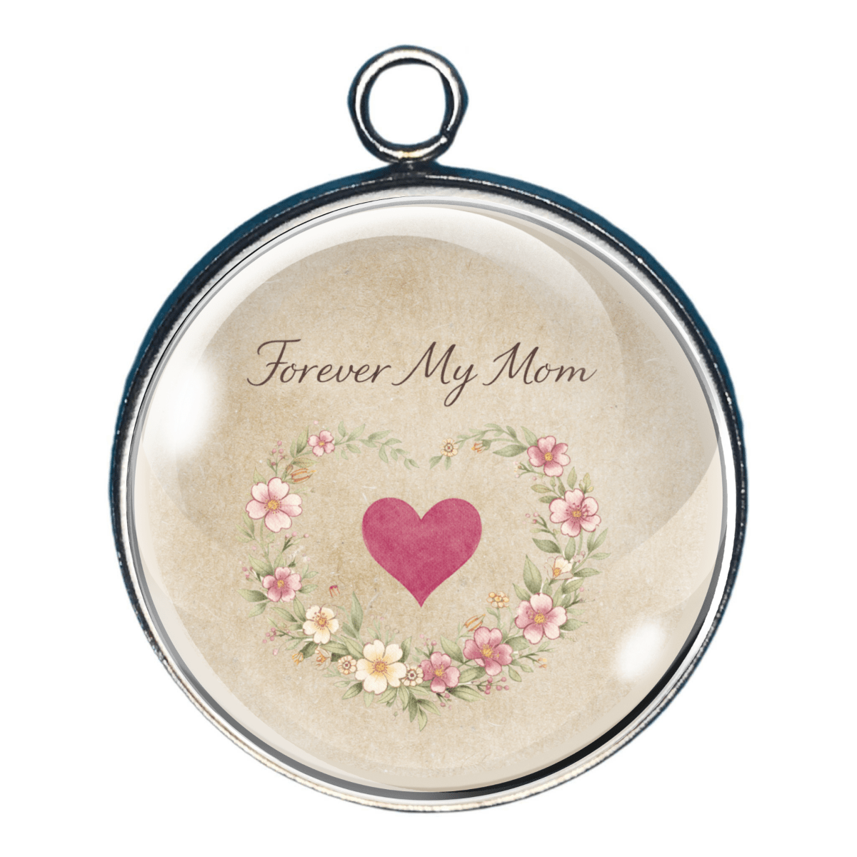 Mother’s Day charm of floral heart wreath with heart inside, and Forever My Mom wording