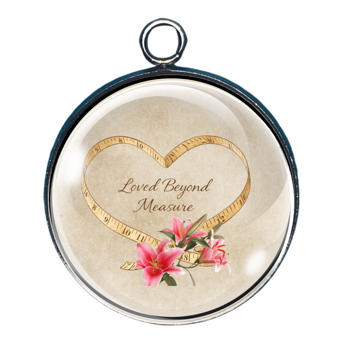 Mother’s Day charm of heart measuring tape with Loved Beyond Measure wording