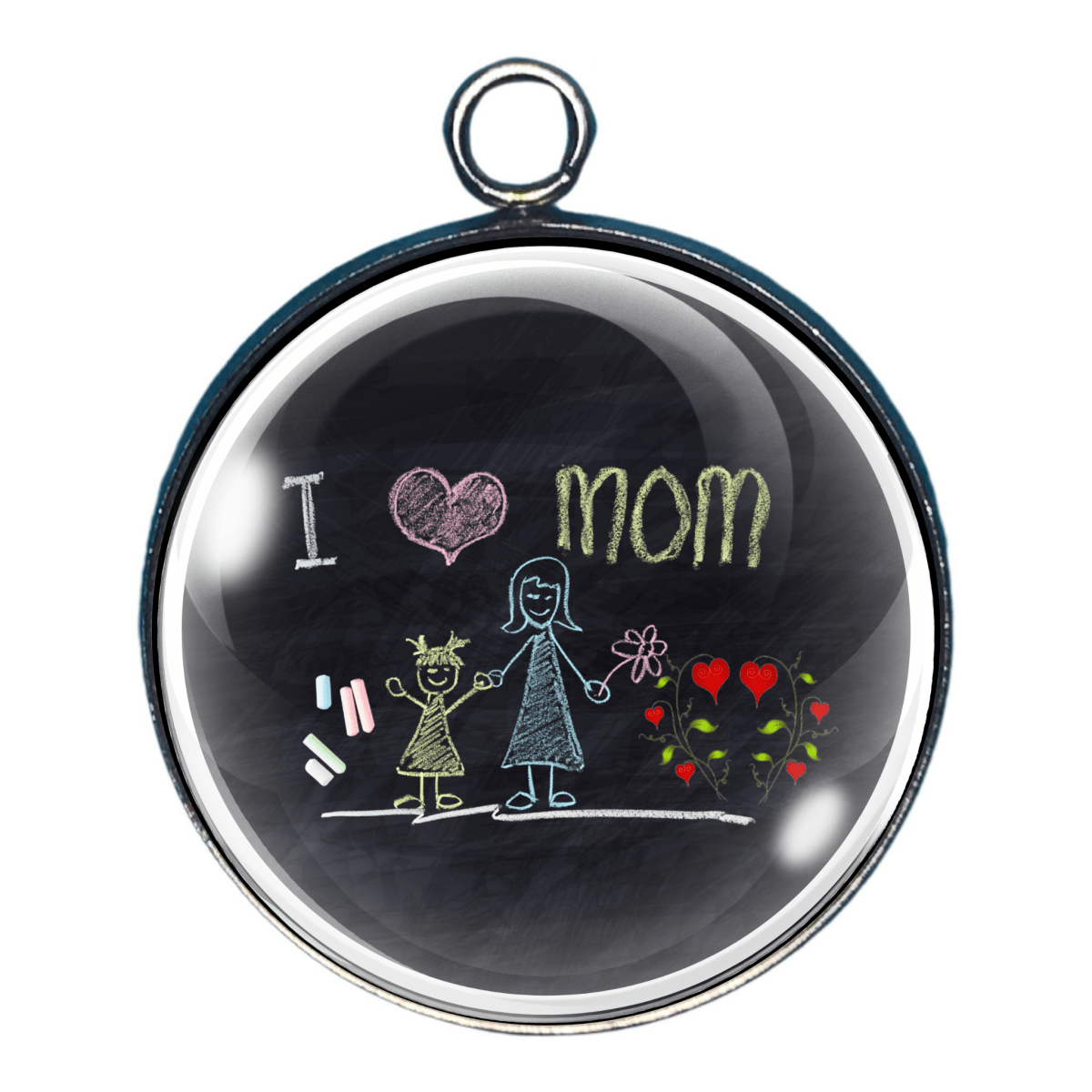 Mother’s Day charm of childlike drawing with I Love Mom, chalkboard style