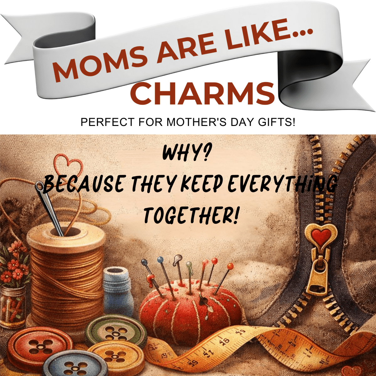 Illustration of sewing supplies with text about mothers being like charms for Mother's Day gifts.