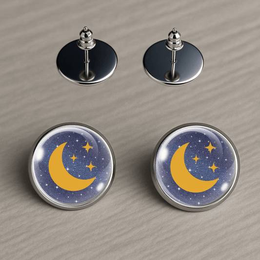 Moon and stars earrings with navy glitter background