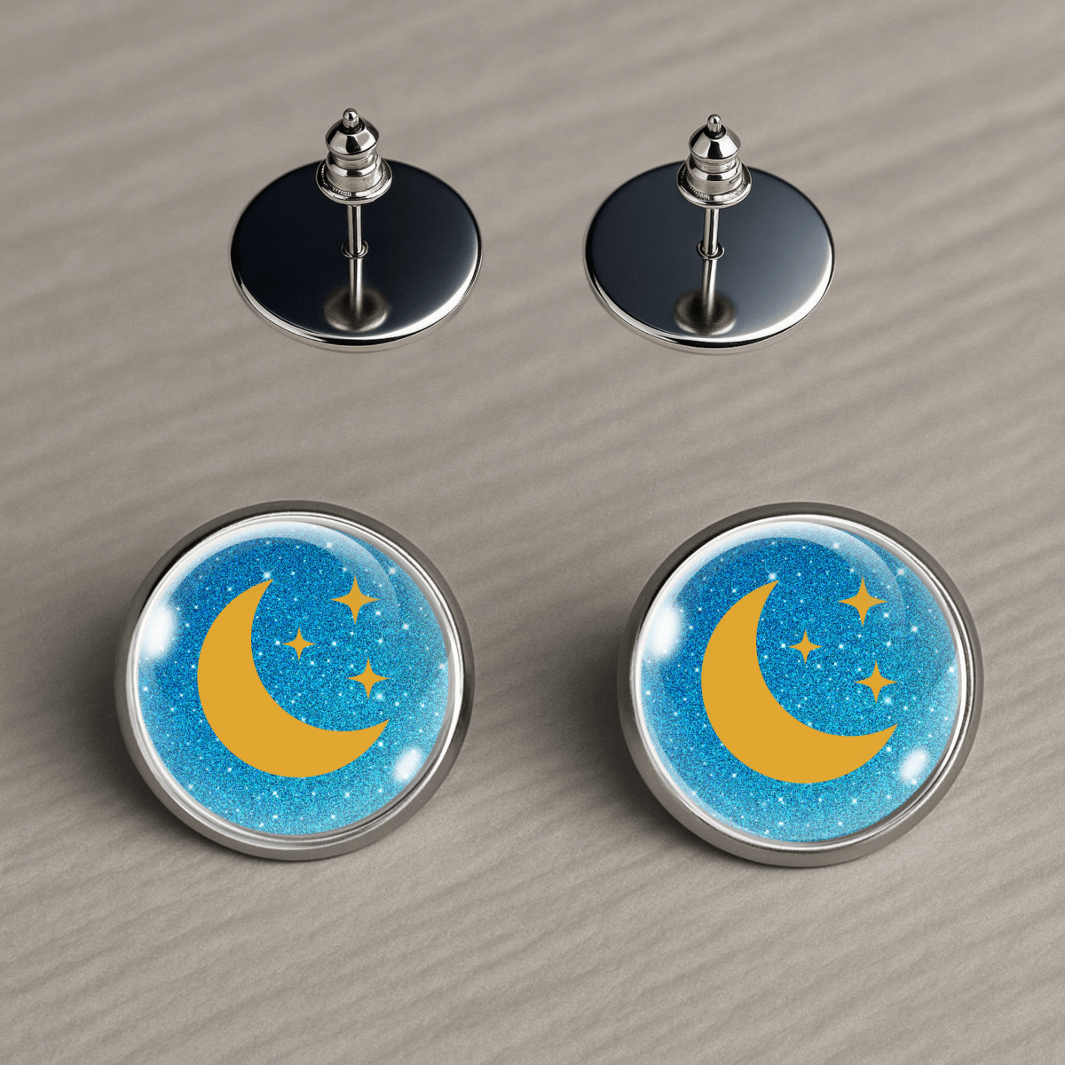 Moon and stars earrings with bright blue background