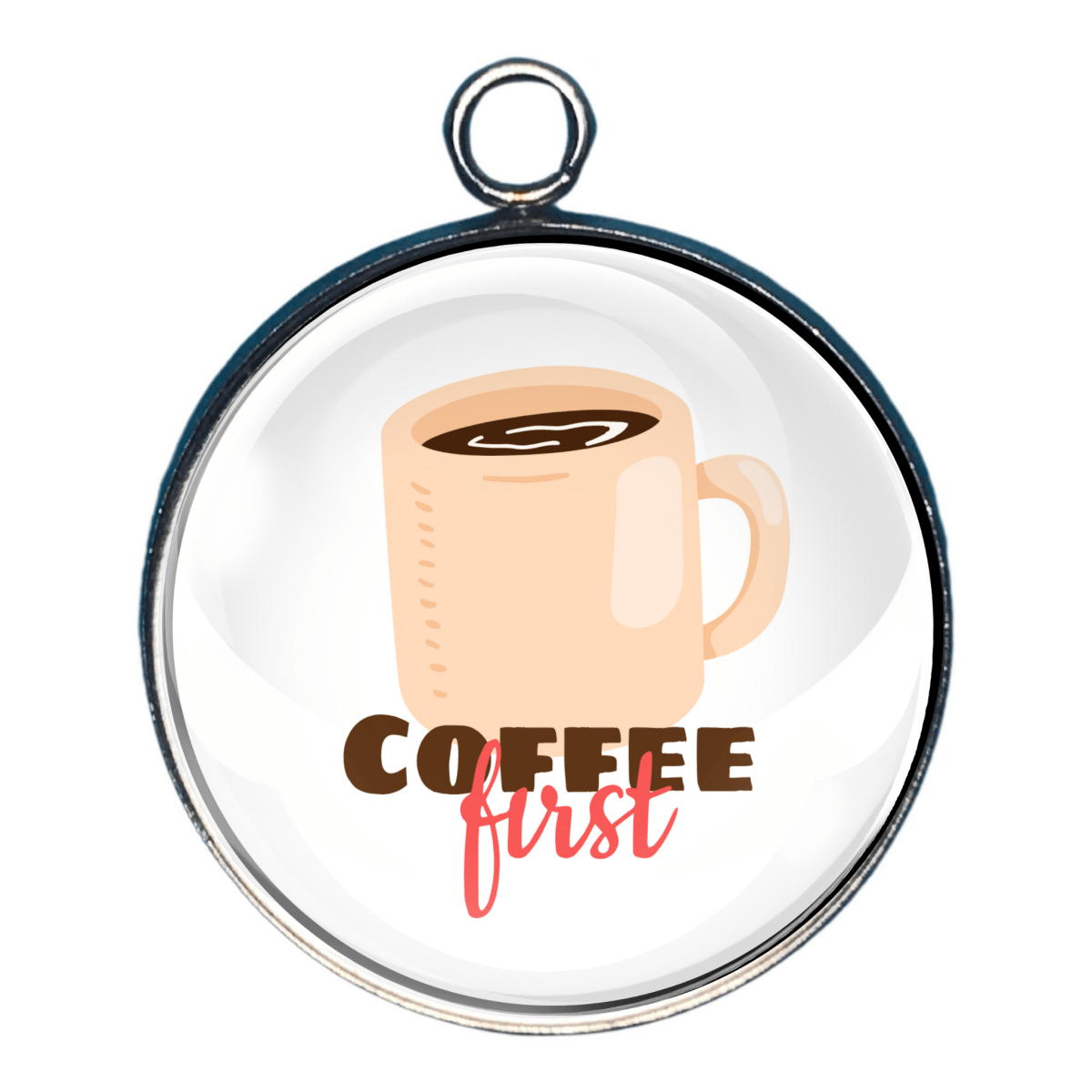Coffee mug charm with words Coffee First.