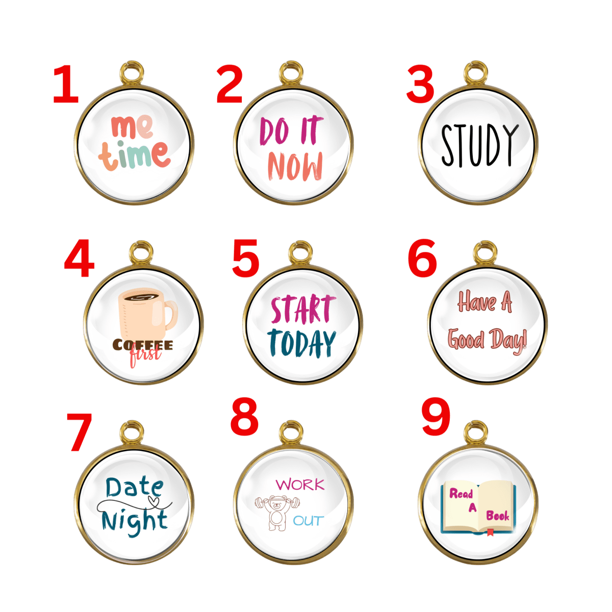 Set of handmade motivational planner and habit charms with phrases like Me Time, Do It Now, Study, and Start Today.