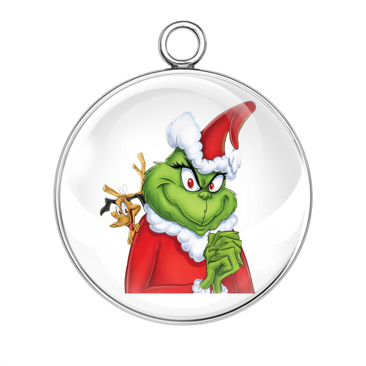 Style 4 – Santa Suit Grinch
Alt Tag: “Grinch in Santa suit glass charm for Christmas crafts”