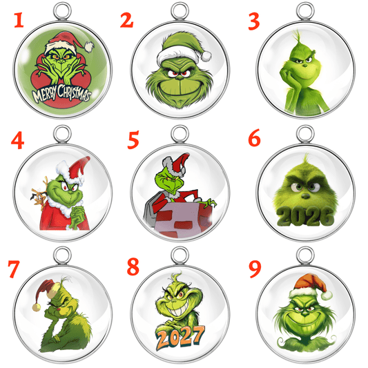 Set of 9 Mr. Grinch Christmas glass cabochon charms in stainless steel bases, each featuring different festive Grinch designs with Santa hats, holiday outfits, and yearly themes 2026 and 2027. Perfect for Christmas jewelry making, DIY crafts, keychains, and stocking stuffer gifts.