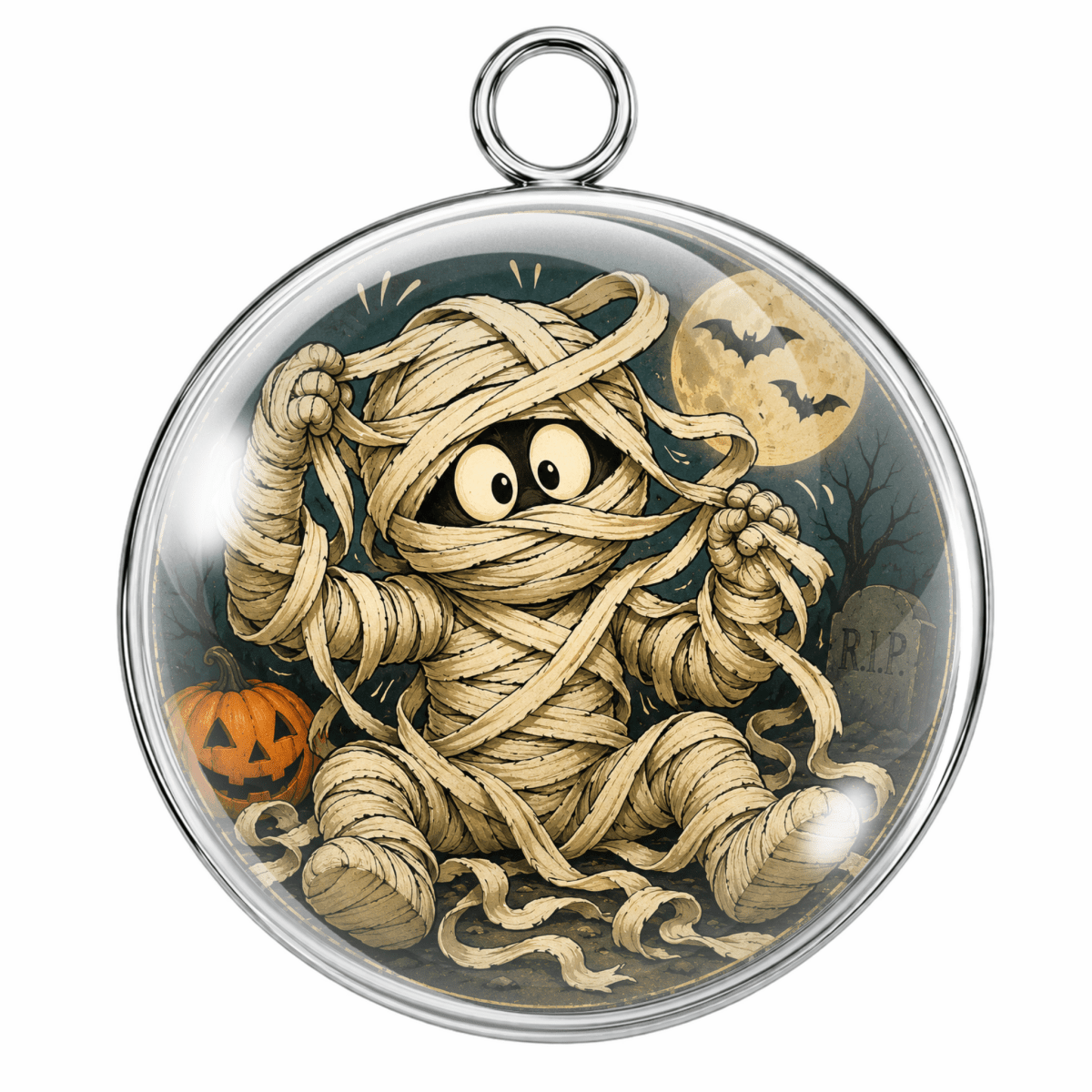 A round silver-toned pendant with a hanging loop, featuring a Halloween illustration of a mummy wrapped in beige bands, with a jack-o'-lantern, tombstone, bare tree, and full moon inside a clear dome.