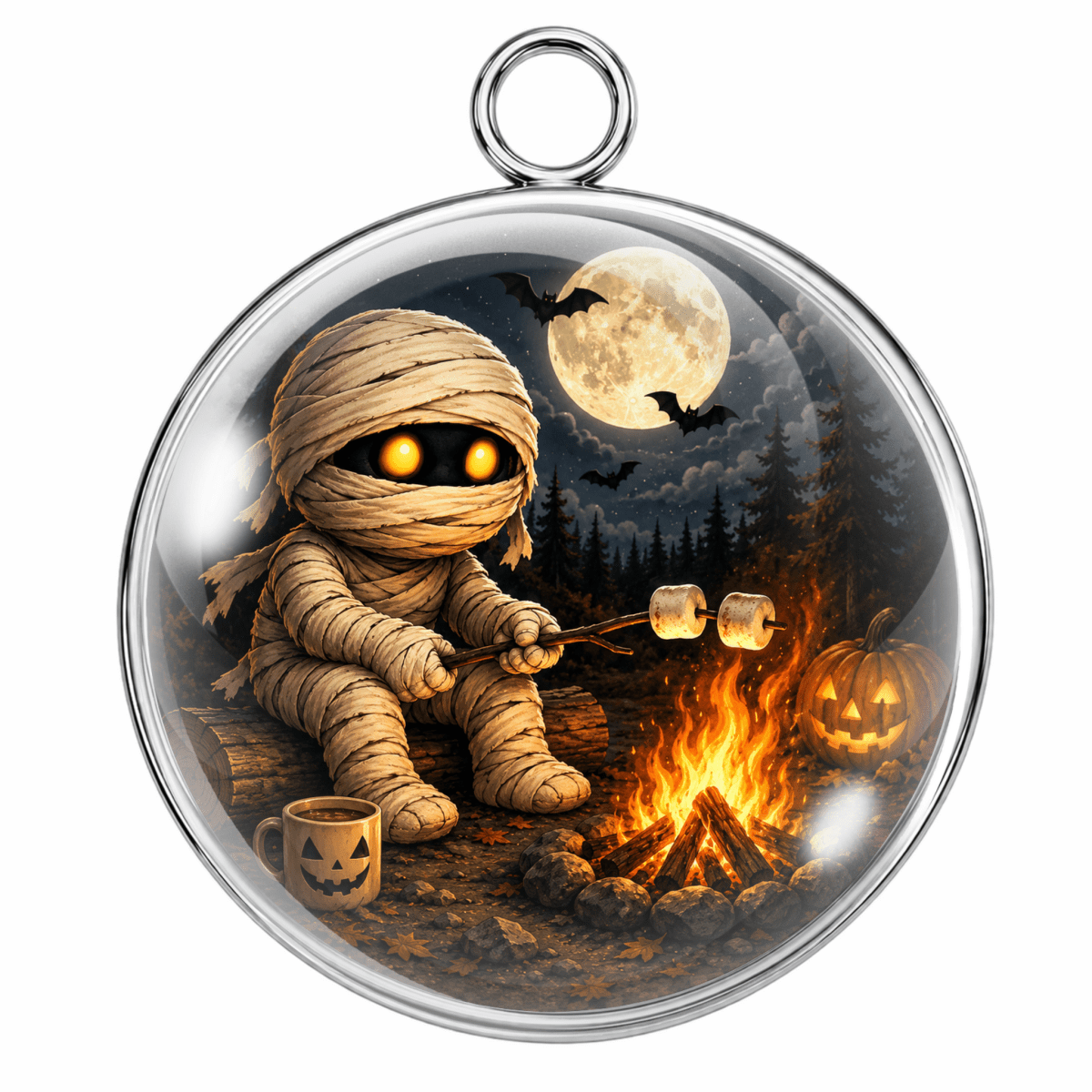 A round glass pendant or ornament with a silver-toned metal rim and hanging loop, featuring a Halloween-themed illustration of a mummy sitting by a campfire and roasting marshmallows under a full moon.