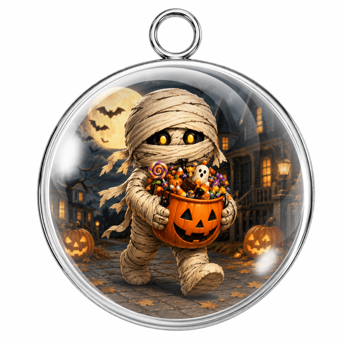 A round silver-toned pendant or ornament with a hanging loop at the top, featuring a printed Halloween scene of a mummy holding a jack-o'-lantern bucket of candy inside a haunted house at night.