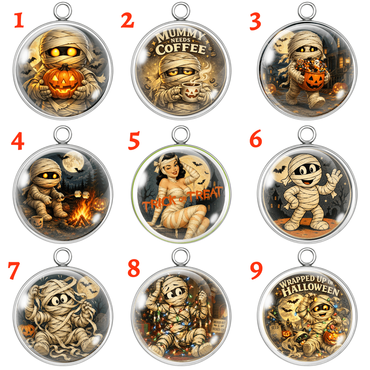 Nine Halloween-themed round pendant designs arranged in a 3x3 grid on a white background, each with a red number label in the top-left corner. The pendants feature cartoon mummies in various spooky poses, including holding pumpkins, sitting by a campfire, with a moon and stars, and one mummy wrapped in autumn leaves.