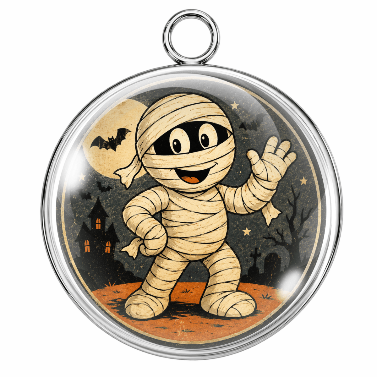 A round silver-toned pendant or charm featuring a cartoon mummy character waving, with a Halloween night scene inside including a moon, bat, haunted house, and stars.
