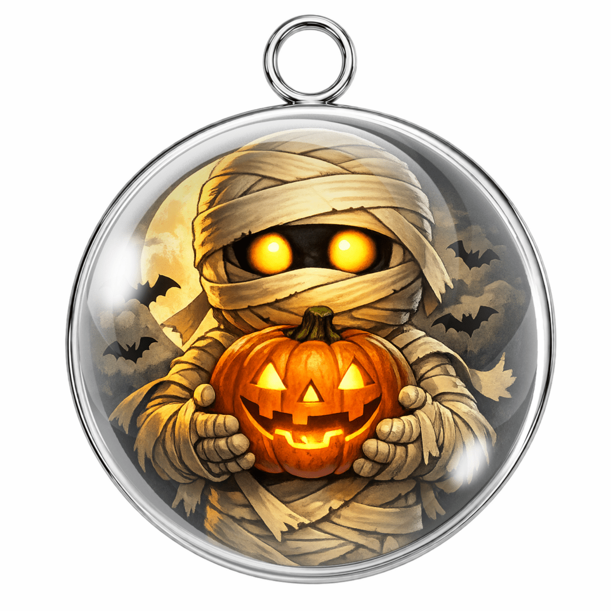A round silver pendant featuring a cartoon mummy holding a glowing jack-o'-lantern pumpkin, set against a dark background with bats and a full moon.