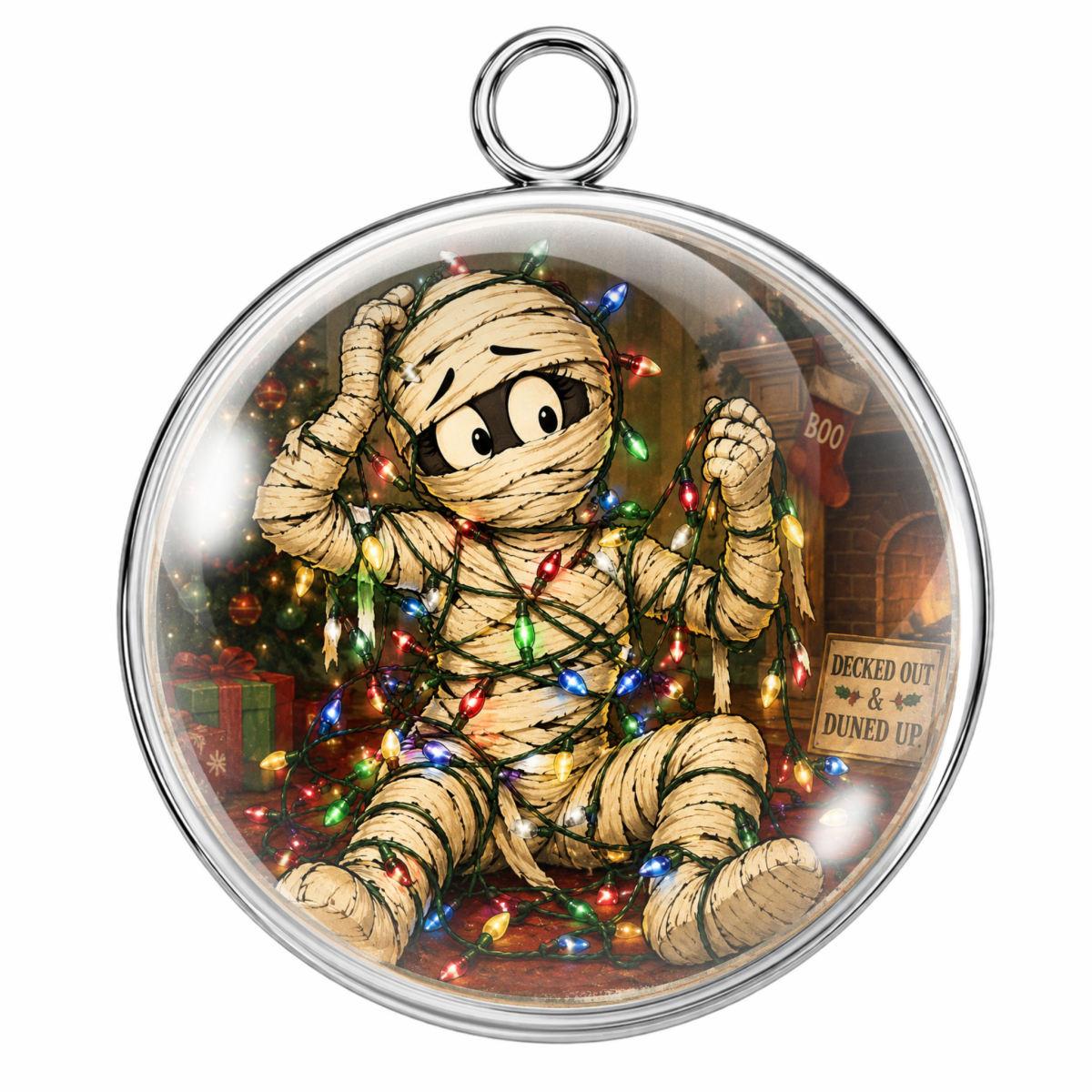 A round silver-toned pendant or ornament featuring a mummy character wrapped in colorful Christmas lights inside a clear dome, with a hanging loop at the top.