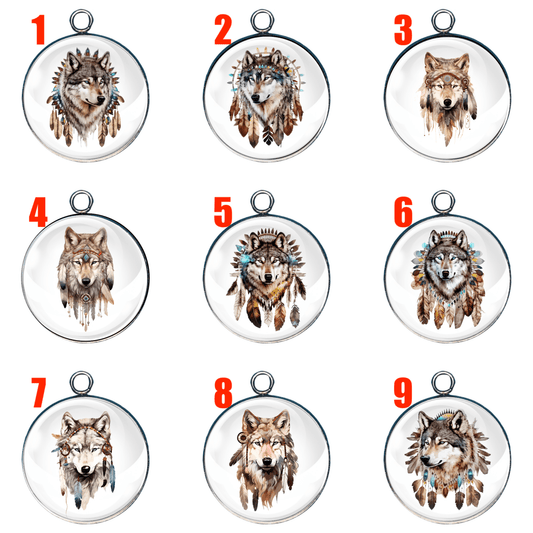 Set of 9 tribal-style wolf glass cabochon charms for jewelry and crafts