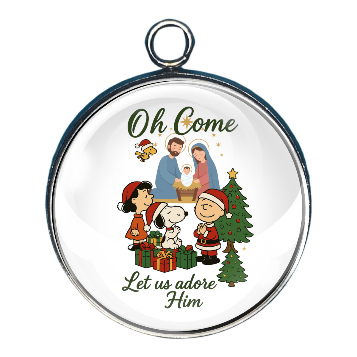 Charm of some Peanuts kids & Snoopy singing Christmas carols with ‘Oh Come Let Us Adore Him’ text