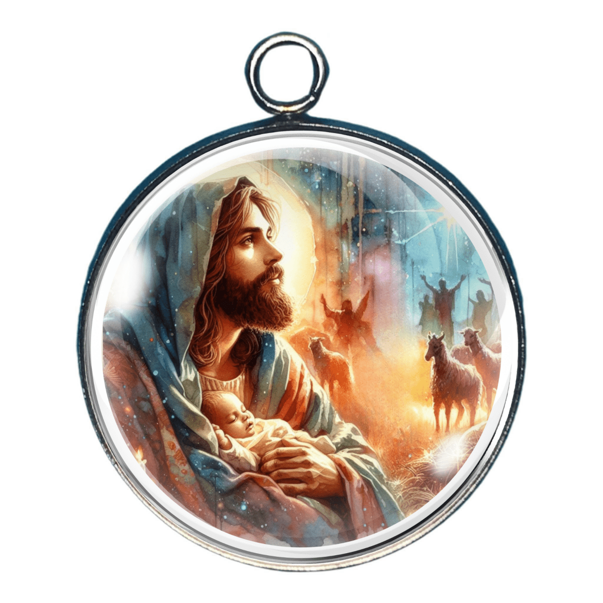 Charm of Joseph holding baby Jesus with shepherds and heavenly light surrounding Him