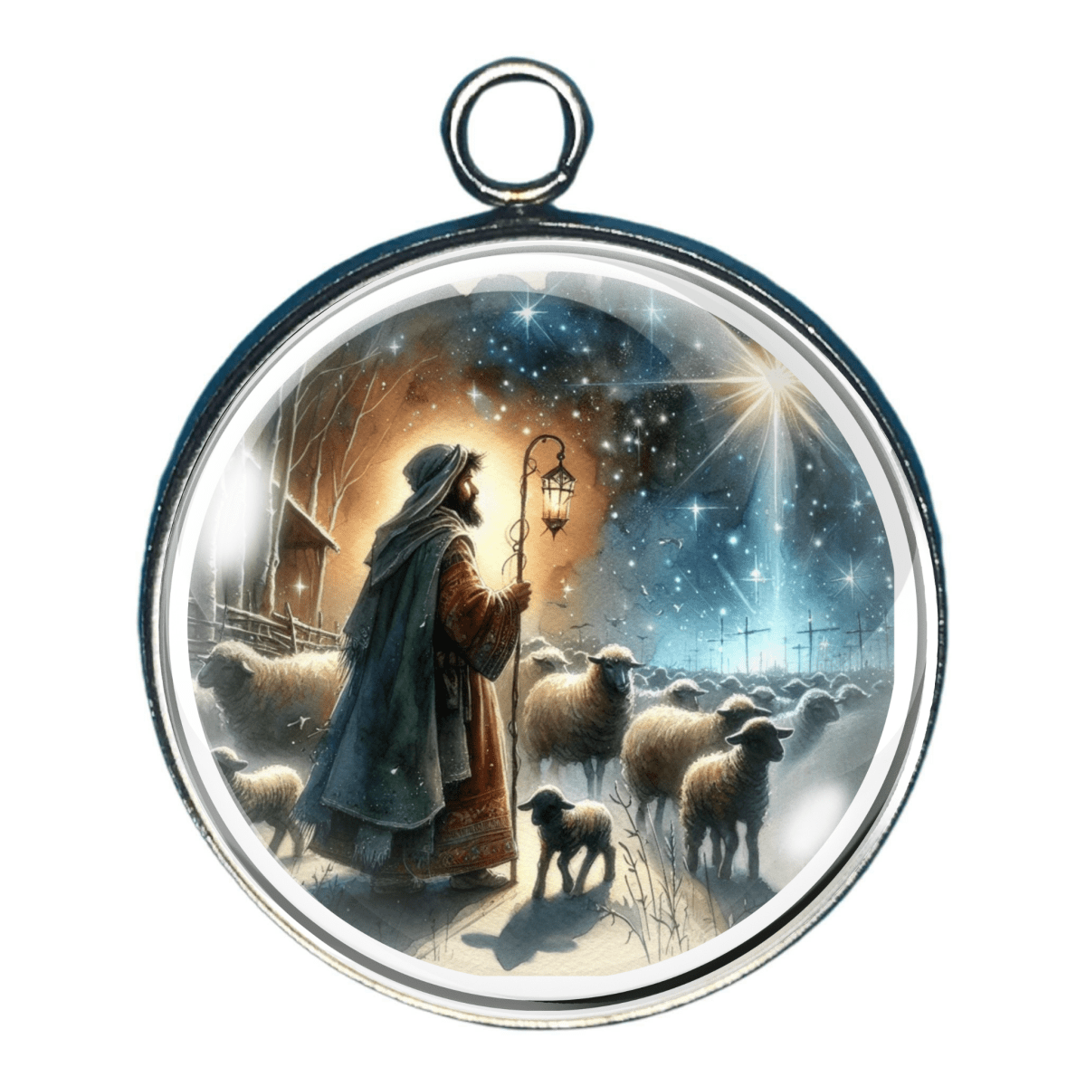 Charm of shepherd guiding sheep toward the newborn Messiah