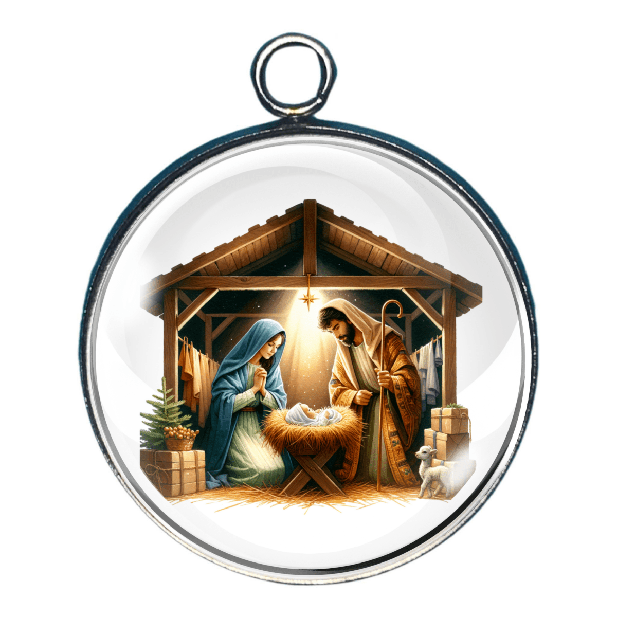 Charm of Mary, Joseph, and baby Jesus inside a wooden manger scene
