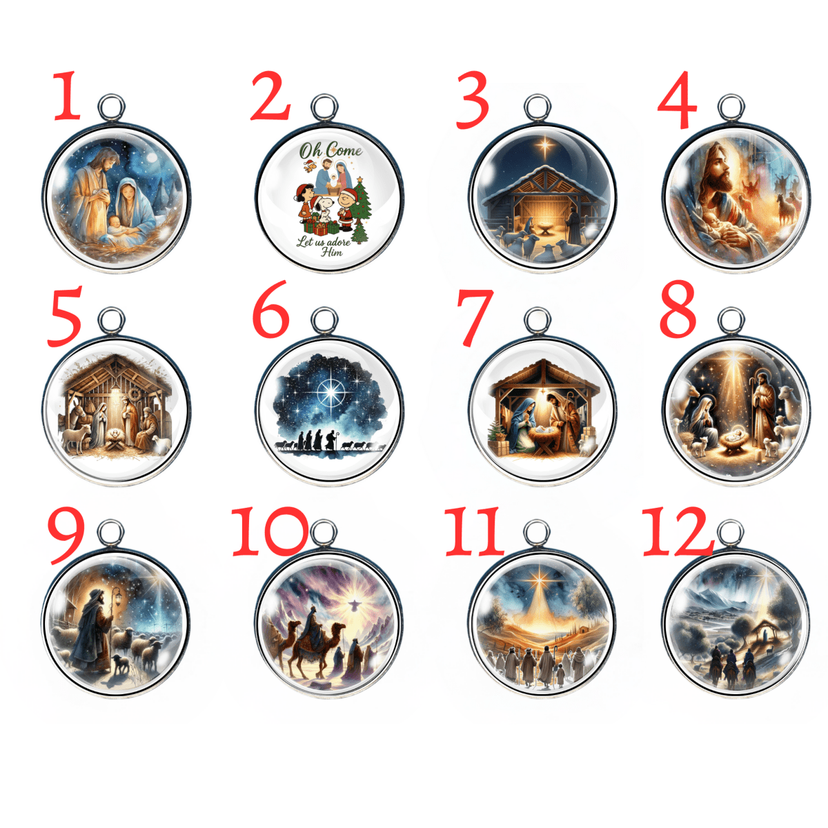 Group of 12 harms featuring nativity scenes for the Christmas Holiday