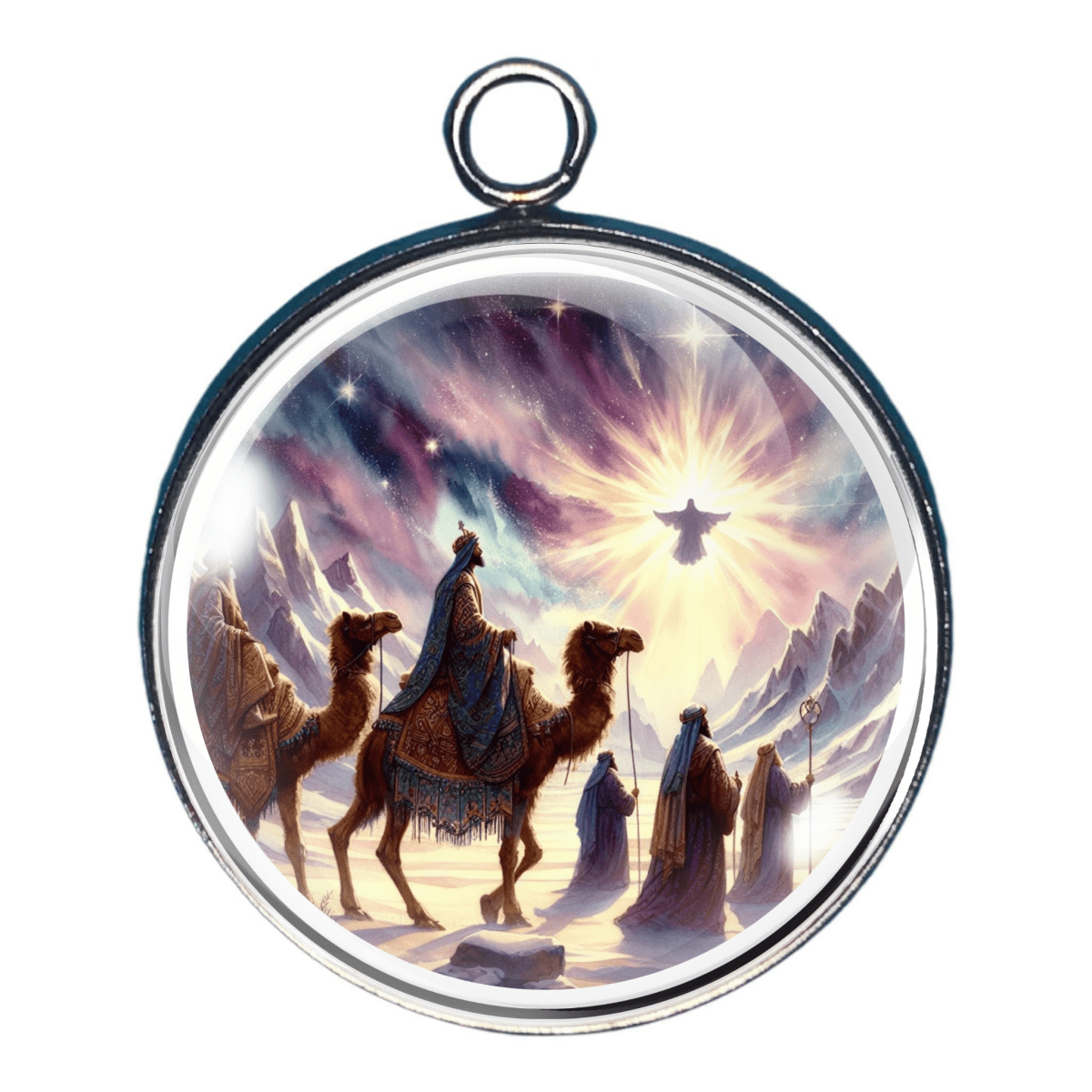 Charm of three wise men on camels, with an angel high in the sky, set against a starry sky.