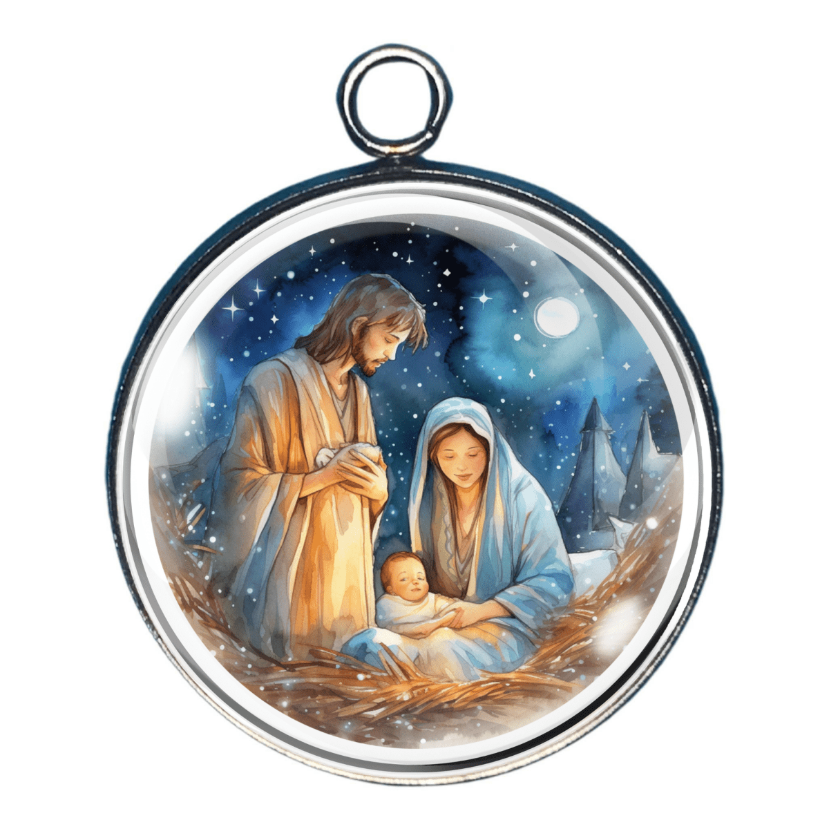 Charm of the Holy Family in the manger under a glowing night sky