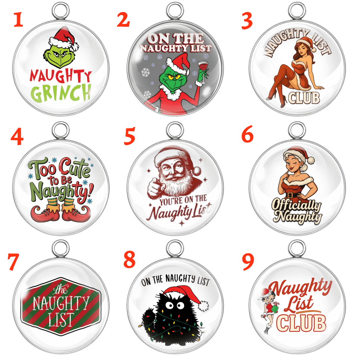 Nine Christmas-themed pendants with various designs and text.